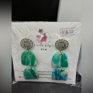 Handmade Polymer Clay Dangle Earrings Green Blue Abstract Statement Lightweight
